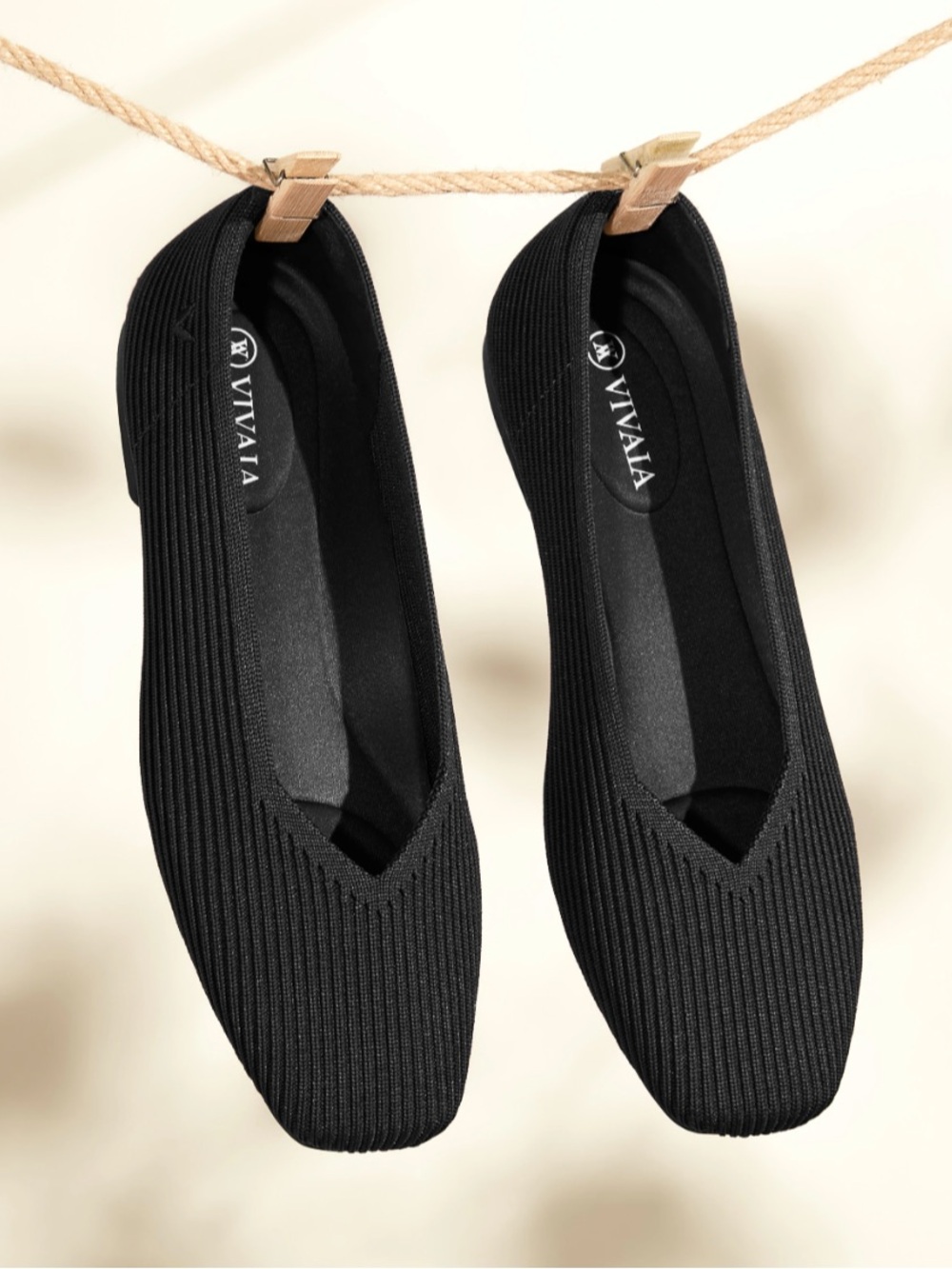 NEW VIVAIA Black Knit Square-Toe V-Cut Ballet Flats Margot 2.0, Women's 7 / 37.5